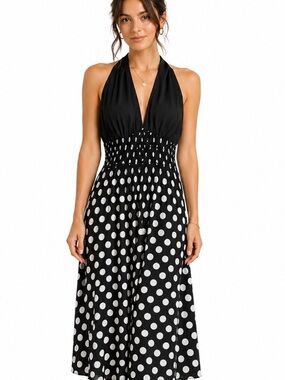 Body Central Black and White Polka Dot Midi Halter Dress